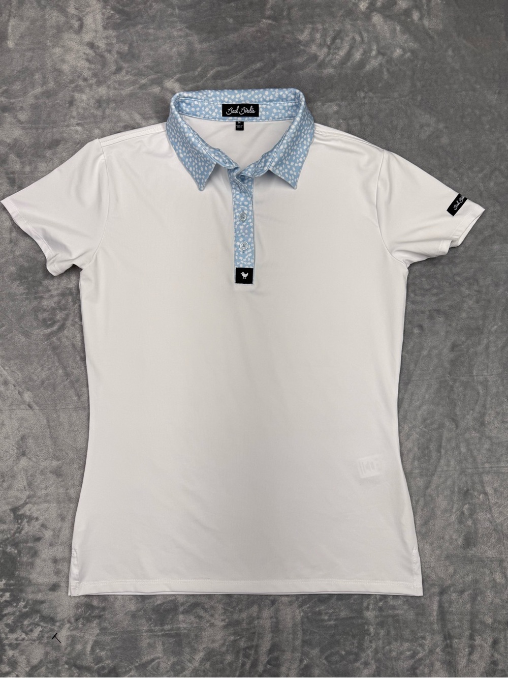 Bad Birdie White Polo with Light Blue Floral Collar